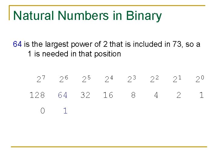 Natural Numbers in Binary 64 is the largest power of 2 that is included