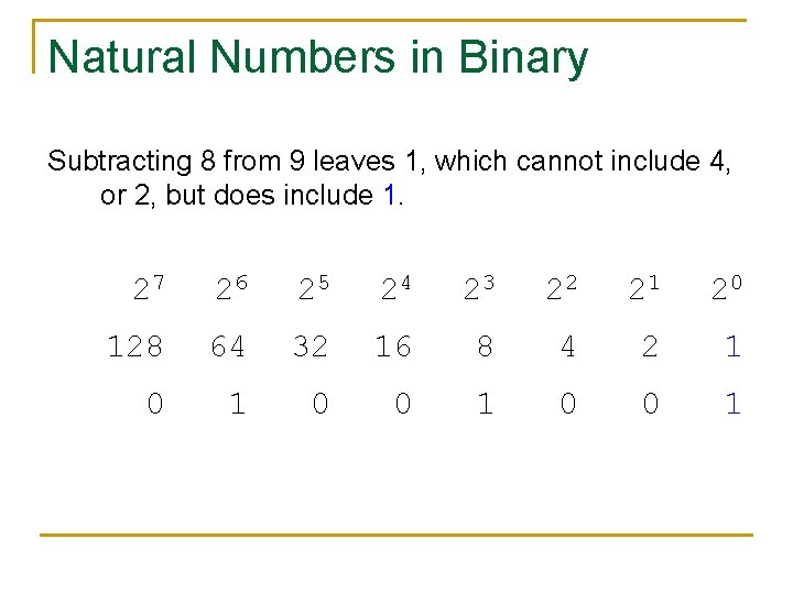 Natural Numbers in Binary Subtracting 8 from 9 leaves 1, which cannot include 4,