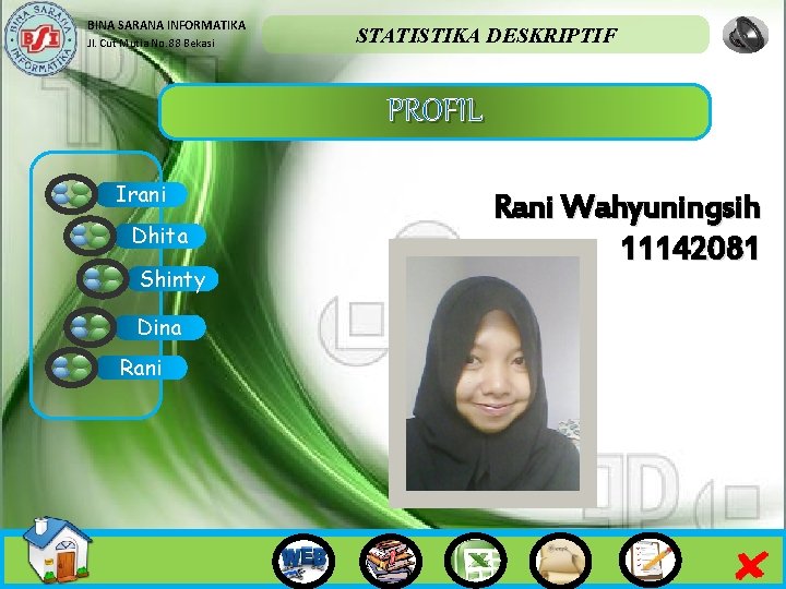 BINA SARANA INFORMATIKA Jl. Cut Mutia No. 88 Bekasi STATISTIKA DESKRIPTIF PROFIL Irani Dhita