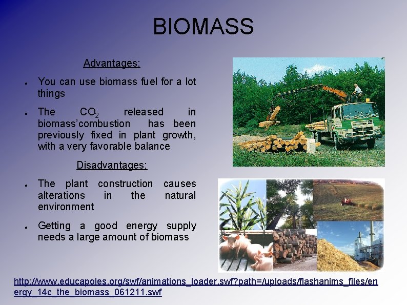 BIOMASS Advantages: ● ● You can use biomass fuel for a lot things The