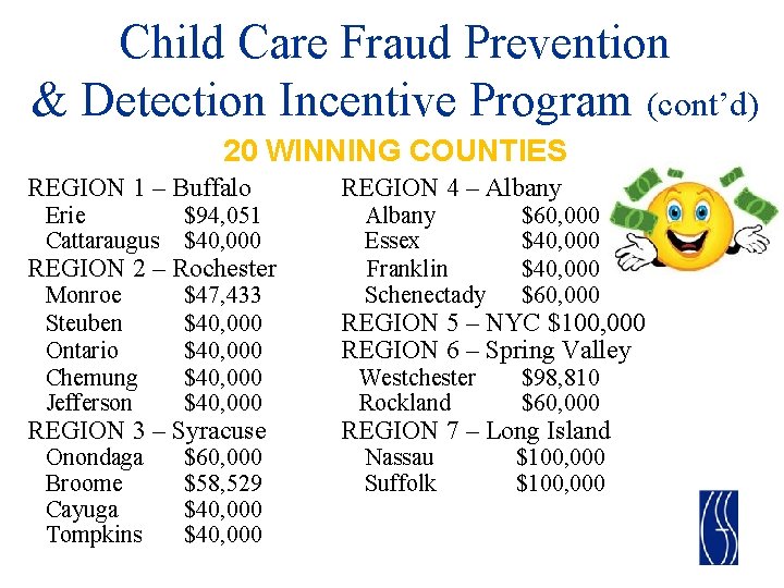 Child Care Fraud Prevention & Detection Incentive Program (cont’d) 20 WINNING COUNTIES REGION 1
