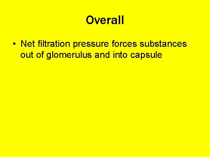 Overall • Net filtration pressure forces substances out of glomerulus and into capsule 