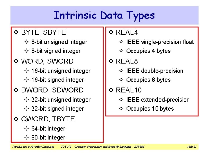 Intrinsic Data Types v BYTE, SBYTE v REAL 4 ² 8 -bit unsigned integer