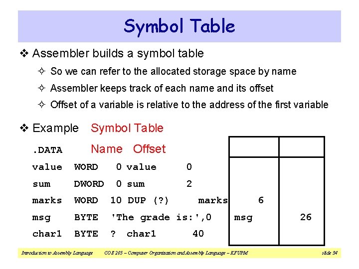Symbol Table v Assembler builds a symbol table ² So we can refer to