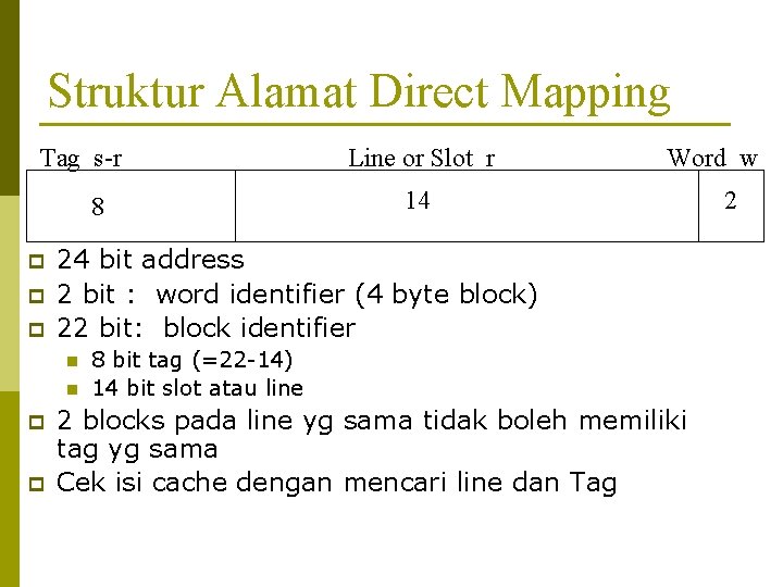 Struktur Alamat Direct Mapping Tag s-r 8 p p p n p Word w