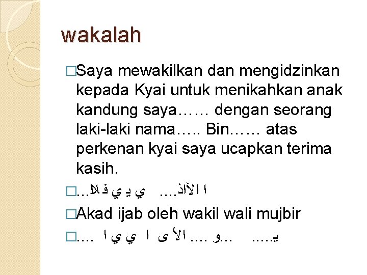 wakalah �Saya mewakilkan dan mengidzinkan kepada Kyai untuk menikahkan anak kandung saya…… dengan seorang