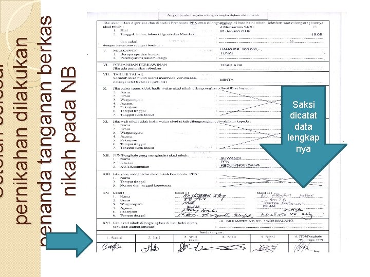 Setelah selesai pernikahan dilakukan penanda tanganan berkas nikah pada NB Saksi dicatat data lengkap