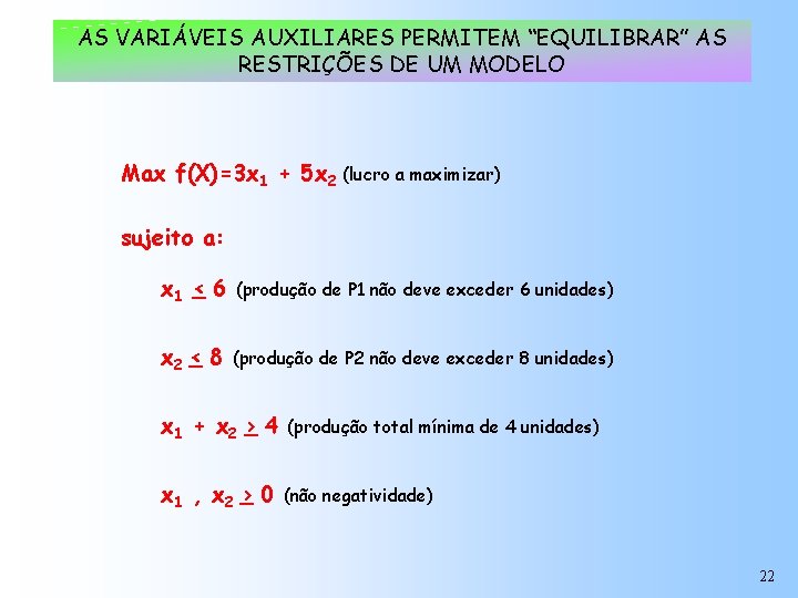 AS VARIÁVEIS AUXILIARES PERMITEM “EQUILIBRAR” AS RESTRIÇÕES DE UM MODELO Max f(X)=3 x 1