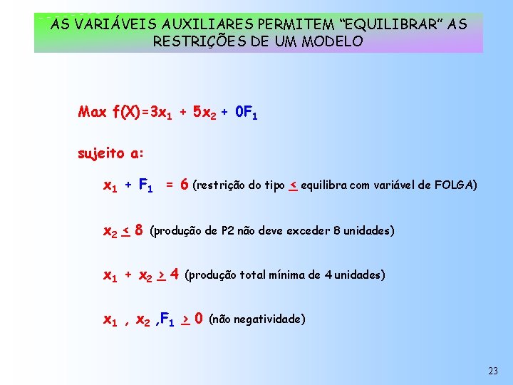 AS VARIÁVEIS AUXILIARES PERMITEM “EQUILIBRAR” AS RESTRIÇÕES DE UM MODELO Max f(X)=3 x 1