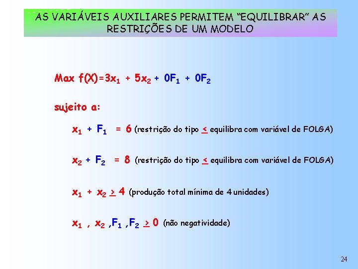 AS VARIÁVEIS AUXILIARES PERMITEM “EQUILIBRAR” AS RESTRIÇÕES DE UM MODELO Max f(X)=3 x 1