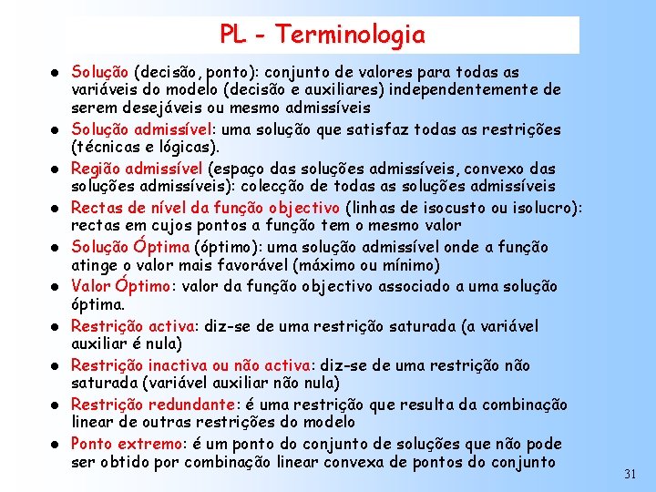 PL - Terminologia l l l l l Solução (decisão, ponto): conjunto de valores