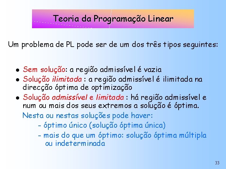 Teoria da Programação Linear Um problema de PL pode ser de um dos três