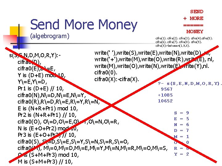 Send More Money (algebrogram) SEND + MORE ====== MONEY cifra(1). cifra(2). cifra(3). cifra(4). cifra(5).