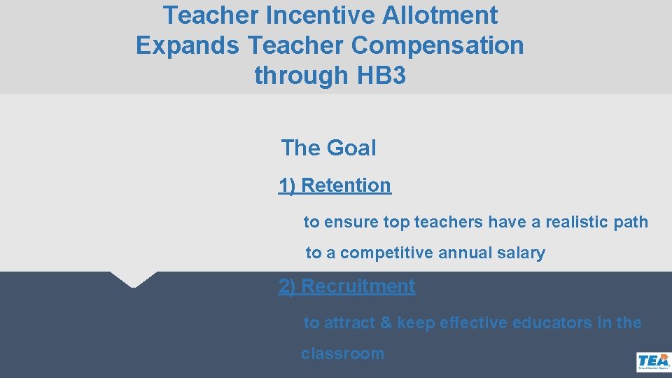Teacher Incentive Allotment Expands Teacher Compensation through HB 3 The Goal 1) Retention to