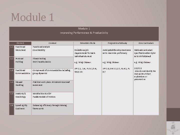 Module 1 Improving Performance & Productivity Element 1. 1 Content Functional Movement Functional analysis