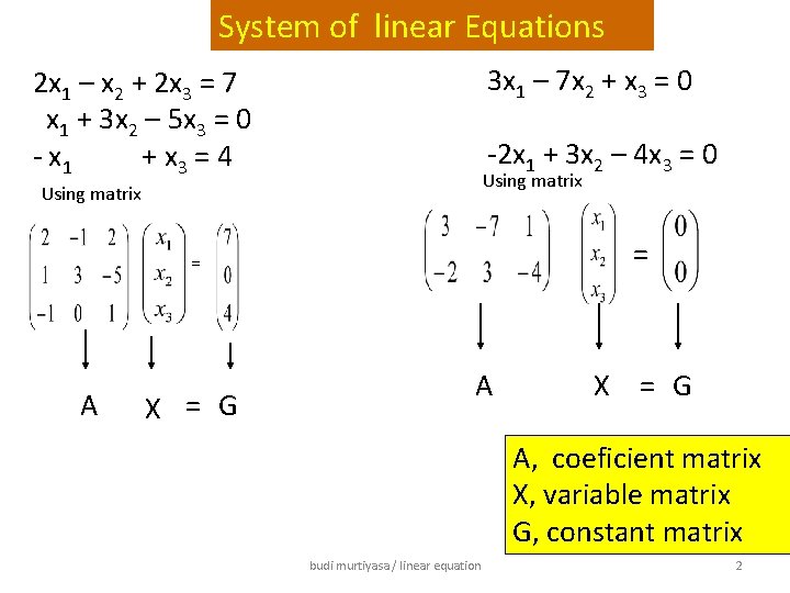 System of linear Equations 3 x 1 – 7 x 2 + x 3