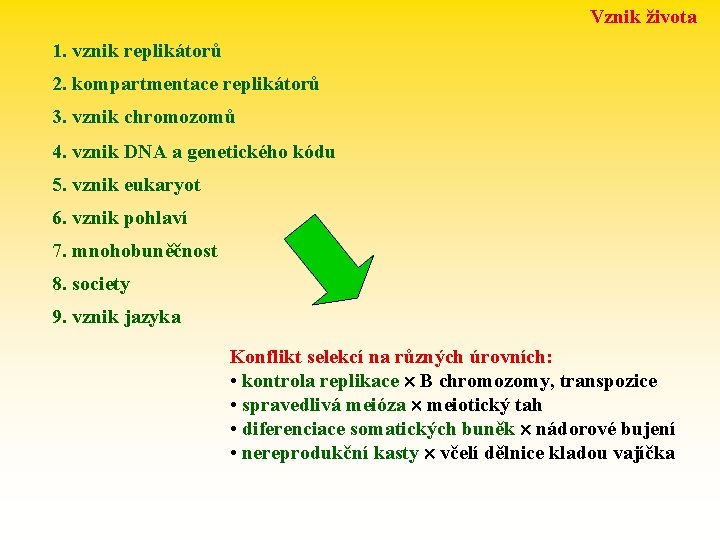 Vznik života 1. vznik replikátorů 2. kompartmentace replikátorů 3. vznik chromozomů 4. vznik DNA