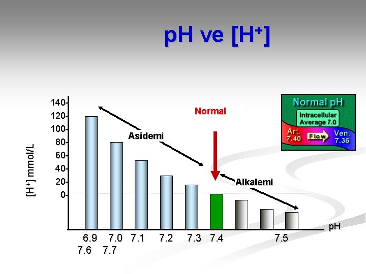 [H+] mmol/L p. H ve [H+] 140120100806040200 - Normal Asidemi Alkalemi p. H 6.