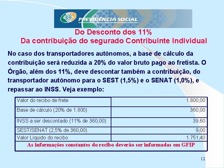 Do Desconto dos 11% Da contribuição do segurado Contribuinte Individual No caso dos transportadores