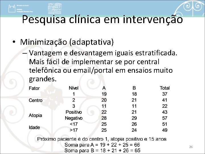 Pesquisa clínica em intervenção • Minimização (adaptativa) – Vantagem e desvantagem iguais estratificada. Mais