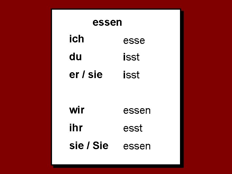 essen ich esse du isst er / sie isst wir essen ihr esst sie