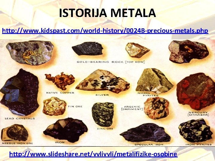 ISTORIJA METALA http: //www. kidspast. com/world-history/0024 B-precious-metals. php http: //www. slideshare. net/vvli/metalifizike-osobine 