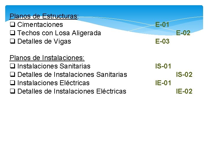 Planos de Estructuras: q Cimentaciones q Techos con Losa Aligerada q Detalles de Vigas