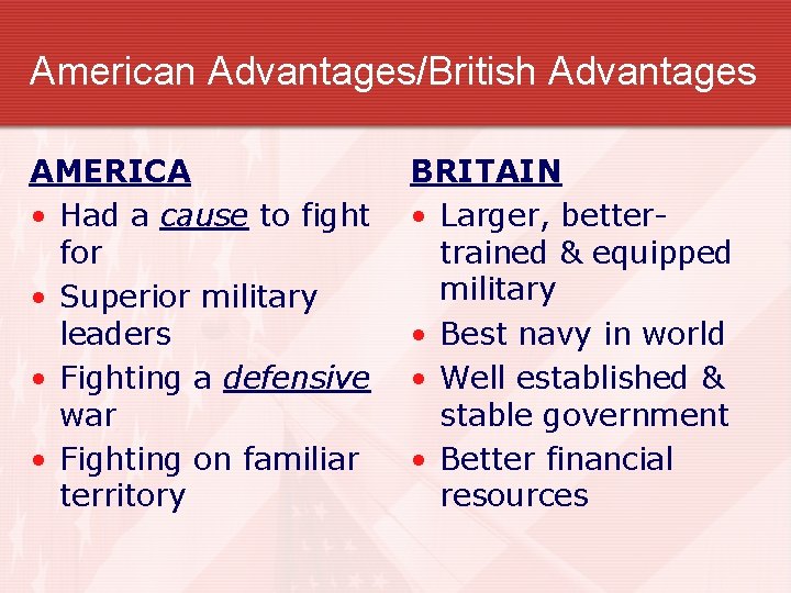 American Advantages/British Advantages AMERICA • Had a cause to fight for • Superior military