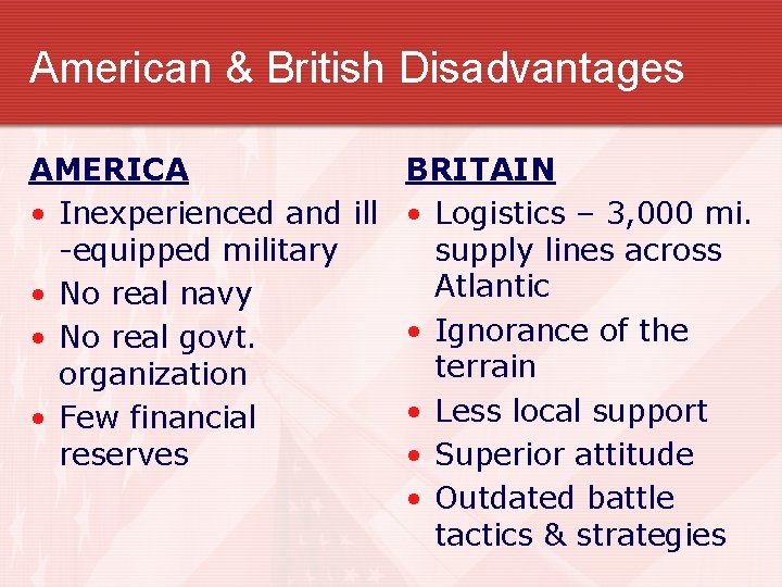 American & British Disadvantages AMERICA BRITAIN • Inexperienced and ill • Logistics – 3,