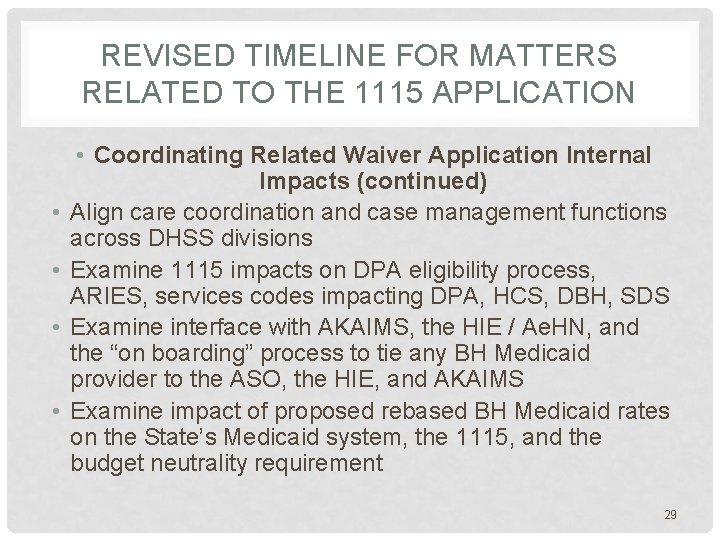 REVISED TIMELINE FOR MATTERS RELATED TO THE 1115 APPLICATION • • • Coordinating Related