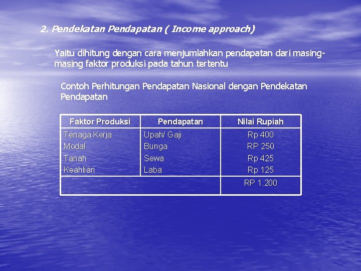 2. Pendekatan Pendapatan ( Income approach) Yaitu dihitung dengan cara menjumlahkan pendapatan dari masing