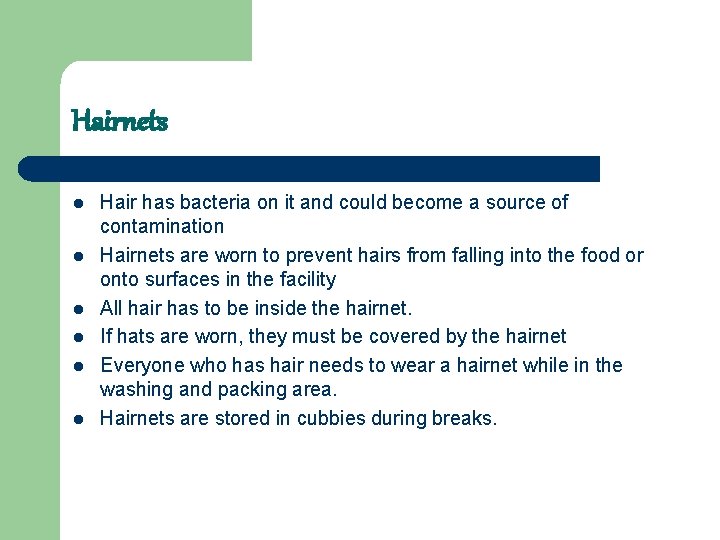 Hairnets l l l Hair has bacteria on it and could become a source