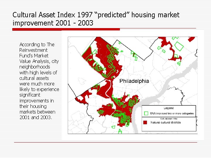 Cultural Asset Index 1997 “predicted” housing market improvement 2001 - 2003 According to The