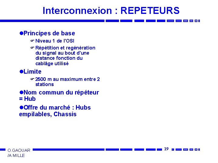 Interconnexion : REPETEURS l. Principes de base F Niveau 1 de l'OSI F Répétition