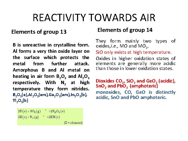 REACTIVITY TOWARDS AIR Elements of group 13 B is unreactive in crystalline form. Al