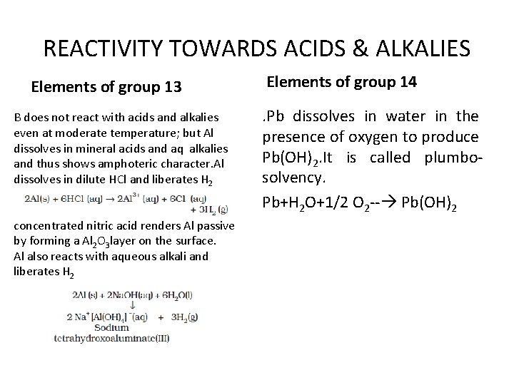 REACTIVITY TOWARDS ACIDS & ALKALIES Elements of group 13 B does not react with