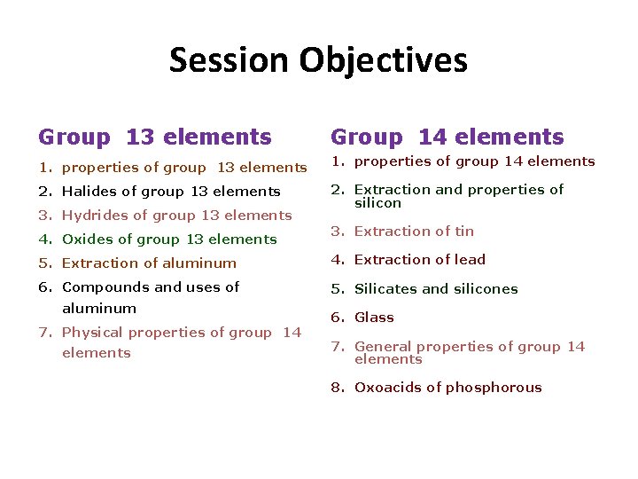 Session Objectives Group 13 elements Group 14 elements 1. properties of group 13 elements