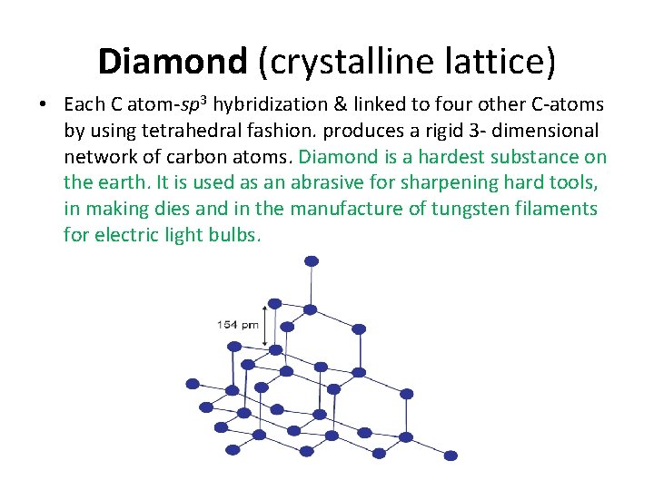Diamond (crystalline lattice) • Each C atom-sp 3 hybridization & linked to four other