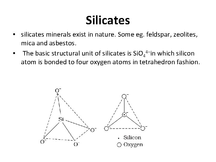 Silicates • silicates minerals exist in nature. Some eg. feldspar, zeolites, mica and asbestos.