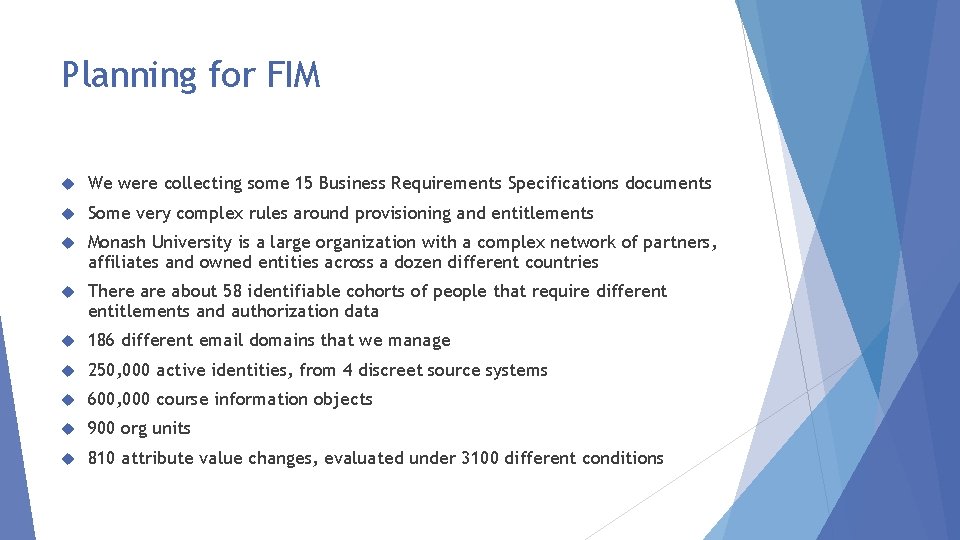 Planning for FIM We were collecting some 15 Business Requirements Specifications documents Some very