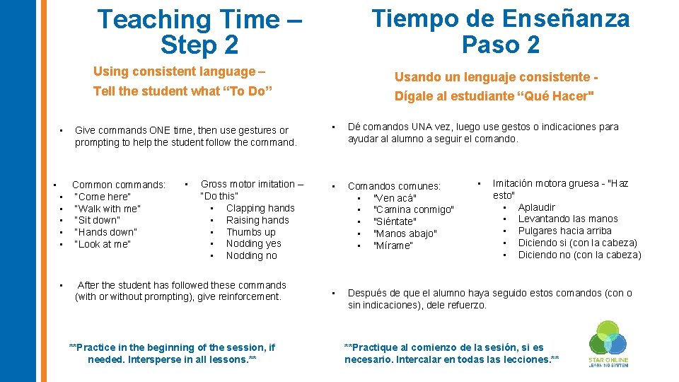 Tiempo de Enseñanza Paso 2 Teaching Time – Step 2 • • Using consistent