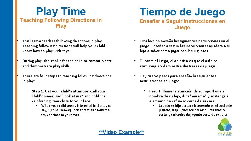 Play Time Tiempo de Juego Teaching Following Directions in Play Enseñar a Seguir Instrucciones