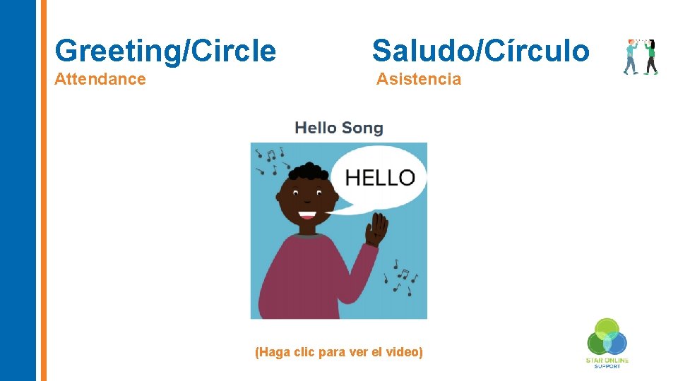 Greeting/Circle Saludo/Círculo Attendance Asistencia (Haga clic para ver el video) 