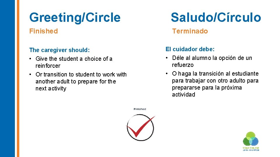 Greeting/Circle Saludo/Círculo Finished Terminado The caregiver should: • Give the student a choice of