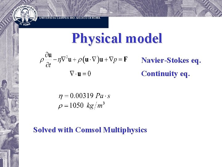 Physical model Navier-Stokes eq. Continuity eq. Solved with Comsol Multiphysics 
