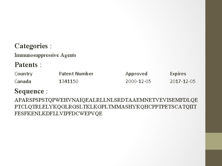Categories : Immunosuppressive Agents Patents : Country Canada Patent Number 1341150 Approved 2000 -12