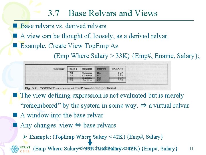 3. 7 Base Relvars and Views n Base relvars vs. derived relvars n A