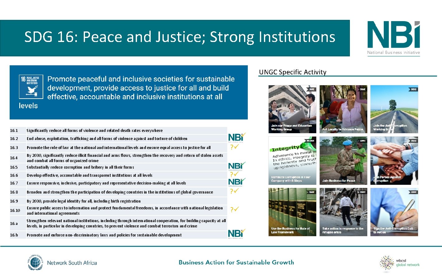 SDG 16: Peace and Justice; Strong Institutions UNGC Specific Activity 16. 1 Significantly reduce
