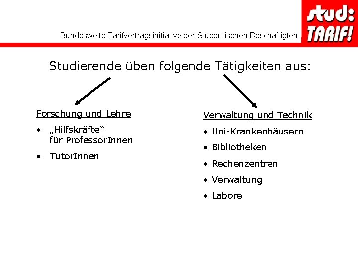 Bundesweite Tarifvertragsinitiative der Studentischen Beschäftigten Studierende üben folgende Tätigkeiten aus: Forschung und Lehre Verwaltung