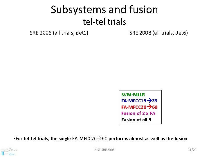 Subsystems and fusion tel-tel trials SRE 2006 (all trials, det 1) SRE 2008 (all